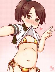 1girl artist_logo bikini brown_eyes brown_hair brown_sailor_collar clothes_lift cowboy_shot dated gold_bikini gradient_background kanon_(kurogane_knights) kantai_collection logo looking_at_viewer md5_mismatch micro_bikini mouth_hold one-hour_drawing_challenge pink_background ponytail resolution_mismatch sailor_collar sailor_shirt school_uniform serafuku shikinami_(kancolle) shirt shirt_lift short_hair side-tie_bikini_bottom solo source_smaller swimsuit v white_shirt