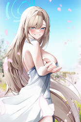Rule 34 | 1girl, absurdres, alternate costume, asuna (blue archive), bare shoulders, blonde hair, blue archive, blue eyes, blush, breasts, dress, eyes visible through hair, grin, hair over one eye, highres, large breasts, long hair, looking at viewer, miisang47, reaching, reaching towards viewer, sidelocks, smile, solo, strapless, strapless dress, white dress