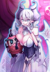 Rule 34 | 1girl, akisame rizu, bare shoulders, breasts, cleavage, commentary request, cowboy shot, demon girl, demon horns, demon wings, destructive daruma karma cannon, dress, duel monster, gameplay mechanics, grey eyes, grey hair, highres, holding, holding stuffed toy, horns, large breasts, lovely labrynth of the silver castle, low wings, multiple wings, pointy ears, slit pupils, solo focus, strapless, strapless dress, stuffed toy, transparent wings, white dress, wings, yu-gi-oh!