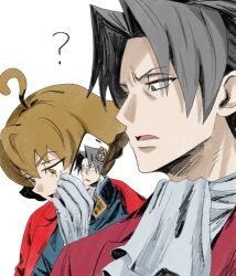 2boys ? ace_attorney ace_attorney_investigations ace_attorney_investigations_2:_prosecutor&#039;s_gambit ahoge ascot blue_jacket brown_hair eustace_winner gloves grey_eyes grey_hair hand_up highres holding holding_phone jacket jacket_on_shoulders male_focus miles_edgeworth multiple_boys open_mouth phone red_jacket school_uniform short_hair simple_background themis_legal_academy_school_uniform upper_body white_ascot white_background white_gloves wktmqtj