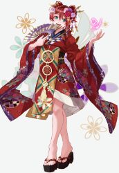 1girl absurdres aion_no_uta_(love_live!) blue_eyes bug butterfly emma_verde flower folding_fan freckles full_body grey_background hair_flower hair_ornament hand_fan highres holding holding_fan insect japanese_clothes kanzashi kimono looking_at_viewer love_live! love_live!_nijigasaki_high_school_idol_club monowe obi official_alternate_costume official_alternate_hairstyle open_mouth red_hair red_kimono sash smile solo wide_sleeves