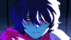 1other alien_stage blue_hair blue_skin closed_mouth colored_skin commentary deltarune derivative_work english_commentary highres kris_(dark_world)_(deltarune) kris_(deltarune) other_focus pink_scarf red_eyes scarf screenshot_redraw short_hair solo tamqyq tears