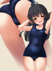 1girl ahoge armpits arms_behind_head arms_up ass bare_arms black_hair blue_one-piece_swimsuit blush breasts cameltoe collarbone commentary_request covered_navel cowboy_shot from_behind gluteal_fold highres kantai_collection kuro_yanagi legs long_hair looking_at_viewer mikazuki_(kancolle) multiple_views old_school_swimsuit one-piece_swimsuit open_mouth paid_reward_available presenting_armpit projected_inset ripples school_swimsuit school_swimsuit_flap small_breasts smug swimsuit taut_clothes taut_swimsuit thigh_gap thighs wet wet_clothes wet_swimsuit white_background yellow_eyes