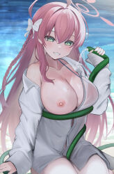 1girl absurdres ahoge amatou_yuzuki between_thighs blue_archive blush bow braid breasts collared_shirt dress_shirt french_braid green_eyes grin hair_bow halo hanako_(blue_archive) hanako_(swimsuit)_(blue_archive) highres holding holding_hose hose large_breasts long_hair long_sleeves looking_at_viewer naked_shirt nipples off_shoulder official_alternate_costume open_clothes open_shirt oversized_clothes oversized_shirt pink_hair pink_halo see-through_clothes see-through_shirt shirt single_bare_shoulder sitting smile solo very_long_hair water wet wet_clothes wet_shirt white_bow white_shirt wing_collar
