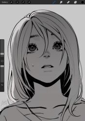 Rule 34 | 1girl, 23i2ko, aegyo sal, art program in frame, backlighting, greyscale, highres, looking up, medium hair, monochrome, open mouth, original, portrait, solo, surprised, sweatdrop, wide-eyed
