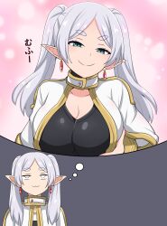 Rule 34 | 1girl, :3, alternate universe, black shirt, breasts, capelet, cleavage, earrings, flat chest, frieren, gold trim, green eyes, grey background, grey hair, highres, japanese text, jewelry, large breasts, long hair, looking up, pink background, pointy ears, shirt, smile, sousou no frieren, speech bubble, standing, suwaneko, teardrop earrings, thick eyebrows, thinking, thought bubble, twintails, white capelet