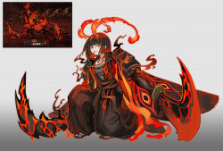 1girl belt black_hair black_pants bob_cut brown_belt chest_sarashi colored_inner_hair dual_wielding flaw_eight full_body holding holding_sword holding_weapon insect_wings limbus_company looking_at_viewer moth_wings multicolored_hair pants peccatulum_irae_class_3 project_moon red_eyes red_hair red_wings ryoshu_(project_moon) sarashi short_hair simple_background smoke smoking solo sword weapon white_background wings