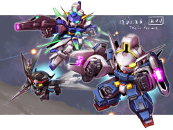 10s artist_name asteroid beam_rifle chibi clenched_hand dated energy_beam energy_gun english_text explosion glowing glowing_eye glowing_eyes gundam gundam_age gundam_age-1_glansa gundam_age-2_darkhound gundam_age-fx hook lance mecha no_humans polearm robot space text_focus weapon yabe_makoto
