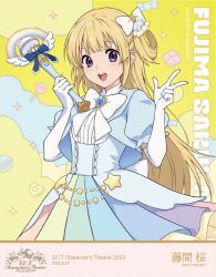 1girl 22/7 :d blonde_hair bow bowtie character_name copyright_name copyright_notice dated dress elbow_gloves food-themed_background fujima_sakura gloves group_name hair_bow hair_rings holding holding_wand long_hair magical_girl multicolored_dress official_alternate_costume official_art one_side_up open_mouth purple_eyes short_sleeves single_hair_ring smile solo sparkle standing teeth upper_teeth_only w wand white_bow white_bowtie white_gloves yellow_background