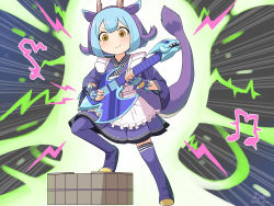 1girl absurdres apron blue_boots blue_gloves blue_hair blue_kimono blunt_bangs blush boots brown_eyes closed_mouth commentary_request dragon_girl dragon_horns dragon_tail dragonmaid_(yu-gi-oh!) duel_monster electric_guitar fingerless_gloves full_body gameplay_mechanics gloves guitar highres holding holding_instrument horns instrument japanese_clothes kimono lace-trimmed_apron lace_trim laundry_dragonmaid leg_up leto_mume long_sleeves looking_down maid maid_apron multicolored_hair music musical_note playing_instrument short_hair sidelocks signature smile solo standing tail thigh_boots thighhighs twitter_username wa_maid washtub yu-gi-oh! zettai_ryouiki