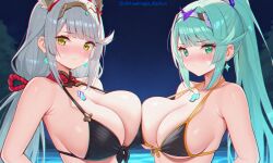 2girls aegis_elysium ai-assisted bikini blush breasts breasts_squeezed_together cleavage dress earrings elbow_gloves female_focus gem gloves green_eyes green_hair grey_hair hair_ornament headpiece huge_breasts jewelry large_breasts legging long_hair looking_at_viewer mountain mountains multiple_girls nia_(blade)_(xenoblade) nia_(xenoblade) night nintendo patreon_username pneuma_(xenoblade) pool standing swept_bangs swimsuit thighhighs third-party_edit tiara twintails very_long_hair water watermark xenoblade_chronicles_(series) xenoblade_chronicles_2 yellow_eyes