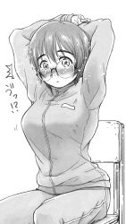 !? 1girl arms_up blush breasts chair glasses highres jacket long_sleeves looking_at_viewer monochrome on_chair ooshiro_youkou original pants short_hair sitting solo track_jacket track_suit