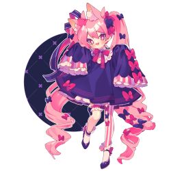 1girl animal_ear_fluff animal_ears bib_collar black_bow black_dress black_ribbon black_shoes blush bow bowtie cat_ears cat_girl cat_tail commentary dated double-parted_bangs dress dress_bow eyes_visible_through_hair fang frilled_socks frilled_thigh_strap frills full_body hair_between_eyes hair_bow hair_ribbon head_tilt high_heels highres leg_up long_hair long_sleeves low_drills open_mouth original outline ozureiji pantyhose petticoat pink_bow pink_eyes pink_hair red_bow red_bowtie ribbon shoes single_leg_pantyhose skin_fang sleeve_bow sleeves_past_fingers sleeves_past_wrists smile socks socks_over_pantyhose striped_clothes striped_pantyhose symbol-only_commentary tail tail_bow tail_ornament thigh_strap tsurime twintails very_long_hair white_outline white_socks