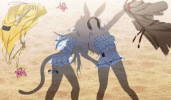 1girl 2girls animal_ears april_(arknights) arknights beach belt bikini cat_ears cat_girl cat_tail clothes_hanger coat dressed_shadow_(meme) feet_out_of_frame frilled_bikini frills grey_hair headphones holding jacket kazemaru_(arknights) long_hair long_sleeves meme multiple_girls official_alternate_costume origami outdoors rabbit_ears rabbit_girl sand shadow shadyoaks_(lucknuts) shorts silhouette skirt starfish swimsuit tail thigh_strap unworn_coat unworn_jacket white_bikini yellow_coat yellow_jacket