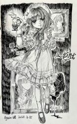 1girl absurdres again_nuo artist_name bow candle candlelight chin_strap closed_mouth dated doll dress eagle_(reverse:1999) english_text frilled_dress frilled_hairband frills full_body gloves graphite_(medium) greyscale hairband hand_up highres holding holding_candle holding_doll looking_at_viewer medium_dress monochrome official_alternate_costume picture_frame puffy_short_sleeves puffy_sleeves reverse:1999 short_hair short_sleeves signature smile solo traditional_media