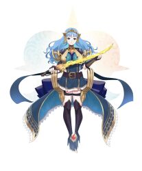 1girl alternate_hairstyle armor black_gloves black_thighhighs blue_dress blue_hair blutgang_(fire_emblem) boobplate braid breastplate breasts brown_eyes closed_mouth crown_braid dress fingerless_gloves fire_emblem fire_emblem:_three_houses fire_emblem_heroes full_body gloves hair_ornament hairband highres holding holding_sword holding_weapon large_breasts long_hair looking_at_viewer marianne_von_edmund marianne_von_edmund_(cursed_blessing) nintendo nottme official_alternate_costume simple_background smile solo sword thighhighs waist_cape weapon white_background winged_hairband