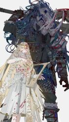 1boy 1girl absurdres armor axe blonde_hair blood blood_splatter chainmail circlet claw_ring doll_joints dress elden_ring elden_ring_nightreign fur_trim gold_circlet gold_trim hair_between_eyes highres holding holding_axe holding_instrument holding_lyre instrument joints looking_at_viewer lyre nslacka official_alternate_costume over_shoulder raider_(elden_ring) revenant_(elden_ring) skull standing veil weapon weapon_over_shoulder white_background white_dress white_veil