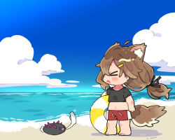 &gt;_&lt; 1girl :d ahoge animal_ear_fluff animal_ears barefoot beach black_ribbon black_shirt blue_sky blush_stickers brown_hair commentary_request crop_top cropped_shirt day detached_ahoge dog_ears dog_girl dog_tail full_body hair_ribbon highres innertube long_hair mamehinata midriff navel notamaru_2 ocean open_mouth outdoors red_shorts ribbon shirt short_sleeves shorts sky smile solo standing swim_ring tail vrchat wind xd