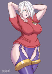 1girl arms_up breasts covered_erect_nipples curvy female_focus green_eyes highleg highleg_leotard hip_focus isabella_valentine leotard leotard_under_clothes lipstick makeup namco papepox2 revealing_clothes shirt short_hair simple_background solo soul_calibur thighs white_hair wide_hips