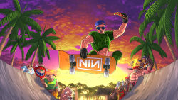 1990s_(style) 6+boys arch-vile armor backwards_hat bandana baron_of_hell black_gloves black_horns blonde_hair blue-tinted_eyewear blue_headwear breastplate bullet_hole cacodemon clothes_writing cyberdemon dark-skinned_male dark_skin demon_boy demon_horns doom_(series) doomguy food gloves hat heavy_weapon_dude_(doom) hell_knight horns imp_(doom) indy_grab lost_soul_(doom) male_focus mancubus multiple_boys muscular muscular_male \n/ nine_inch_nails open_mouth pain_elemental pizza pizza_slice ramp red_bandana retro_artstyle shirt skate_park skateboard skateboarding solo_focus substance20 sunset t-shirt tank_top tinted_eyewear torn_clothes what