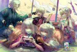 2boys 3girls ahoge amakusa_shirou_(fate) ayamatazu bad_id bad_pixiv_id bird black_gloves blonde_hair bow chopsticks crane_(animal) eating edmond_dantes_(fate) eyes_visible_through_hair fate/grand_order fate_(series) floral_print glasses gloves green_kimono grey_hakama grin hair_bow hair_ornament hakama hakama_skirt hand_in_own_hair holding holding_another&#039;s_wrist holding_chopsticks indoors japanese_clothes jeanne_d&#039;arc_(fate) jeanne_d&#039;arc_(ruler)_(fate) jeanne_d&#039;arc_alter_(avenger)_(fate) jeanne_d&#039;arc_alter_(fate) jeanne_d&#039;arc_alter_santa_lily_(fate) kimono kotatsu lying multiple_boys multiple_girls on_stomach open_mouth playing purple_eyes short_hair silver_hair skirt smile table white_bow yellow_eyes yukata