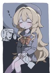 Rule 34 | 1boy, 1girl, beret, black hat, black sailor collar, black serafuku, blonde hair, blue archive, bow, bowtie, closed eyes, fluffy hair, hat, highres, holding hands, kunoichi kazuhito (kuno kazu), long hair, open mouth, professor niyaniya (blue archive), red bow, red bowtie, sailor collar, school uniform, sensei (blue archive), serafuku, side ahoge, simple background, sitting, sleeping, speech bubble, translated, zzz