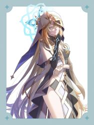 Rule 34 | 1girl, blonde hair, blue eyes, blue halo, breasts, cleavage, closed mouth, commentary request, dress, genshin impact, gloves, hair between eyes, halo, heterochromia, highres, hiuxwou, long hair, long sleeves, looking at viewer, rhinedottir (genshin impact), smile, solo, very long hair, white background, yellow eyes