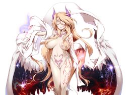 1girl akazawa_red angel angel_wings arm_at_side blonde_hair blue_eyes breasts chaos_ilias circlet closed_eyes closed_mouth demon_horns energy_wings facial_tattoo feathered_wings full-body_tattoo game_cg gem horns ilias jewelry large_breasts large_variant_set light_smile long_hair mon-musu_quest! mon-musu_quest:_paradox navel nose outstretched_arm pointy_ears pubic_tattoo purple_horns red_gemstone ribbon tattoo variant_set very_long_hair white_ribbon wings