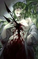 1girl absurdres blood blood_on_chest breasts cowboy_shot crysangria green_hair highres honkai_(series) honkai_impact_3rd impaled long_hair mobius_(honkai_impact) no_nipples parted_lips slit_pupils solo very_long_hair wavy_hair
