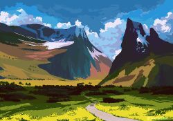 blue_sky cloud cloudy_sky commentary dappled_sunlight day english_commentary field grass landscape mountain mountain_focus mountainous_horizon nature no_humans original outdoors path pixel_art road scenery sky sunlight theartistjulian wide_shot
