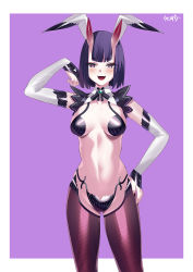 1girl absurdres bob_cut breasts eyeliner fate/grand_order fate_(series) highres horns kurozawa_yui looking_at_viewer makeup medium_breasts meme_attire nail_polish oni open_mouth purple_eyes purple_hair reverse_bunnysuit reverse_outfit short_hair shuten_douji_(fate) skin-covered_horns smile solo
