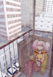 Rule 34 | 2girls, alternate costume, ashtray, atlanta (kancolle), bags under eyes, balcony, building, cb839, cigarette, city, cup, day, hair flaps, hair over one eye, hatsuzuki (kancolle), highres, holding, holding cigarette, holding cup, jacket, kantai collection, long sleeves, mini person, minigirl, multiple girls, open clothes, open jacket, orange hair, outdoors, pants, pink hair, railing, red scarf, scarf, sitting, smoke, smoking, two side up, yellow jacket