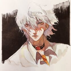 1boy black_collar collar collared_shirt double-parted_bangs evangelion:_3.0_you_can_(not)_redo highres looking_at_viewer male_focus nagisa_kaworu neon_genesis_evangelion open_collar orange_shirt rebuild_of_evangelion red_eyes shichimi_enci shirt short_hair solo upper_body white_hair white_shirt wing_collar