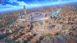 3d arsenixc artist_name before_and_after blue_sky bridge building city cloud column commentary commentary_request copyright_logo copyright_name copyright_notice crystal day english_commentary highres horizon light_rays mixed-language_commentary nikki_(series) official_art people pillar river scenery shining_nikki sky sunbeam sunlight tower transparent_animal tree variant_set whale