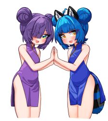 2girls :3 :d absurdres ahoge animal_ear_fluff animal_ears bare_arms bare_shoulders black_tail blue_dress blue_eyes blue_hair blue_tail blunt_bangs blush breasts china_dress chinese_clothes covered_navel cowboy_shot double_bun dress eien_project eye_visible_through_hair eyelashes fang green_eyes hair_bun hair_over_one_eye highres holding_hands idol_corp looking_at_viewer multicolored_eyes multiple_girls open_mouth palms_together poko_rakun purple_dress purple_hair raccoon_ears raccoon_girl raccoon_tail rectangular_pupils ryoshi short_dress short_eyebrows short_hair simple_background sleeveless sleeveless_dress small_breasts smile standing striped_tail tail thick_eyelashes virtual_youtuber white_background yellow_eyes zumi_dokumi