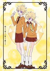 1boy 1girl blonde_hair commentary diamond_(shape) facebook_username full_body genderswap genderswap_(mtf) hashtag-only_commentary heart highres jewelry looking_at_viewer necktie pendant purple_eyes school_uniform short_hair shorts skirt socks sparkle sugar_sugar_rune symbol-only_commentary twitter_username v vanilla_mieux white_socks yuzikoz_mega