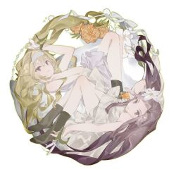2girls ankle_socks arm_up armpit_crease bare_arms bare_shoulders blonde_hair braid brown_eyes brown_hair chinese_commentary closed_mouth commentary_request dress floating floating_hair flower flower_request from_side green_outline grey_socks hair_between_eyes hair_flower hair_ornament hairband half_up_braid hand_up highres holding holding_flower knees_up light_smile long_hair long_sidelocks looking_at_viewer mashumaro_gui multiple_girls no_shoes official_alternate_costume official_alternate_hairstyle orange_flower outline ribbon saijou_claudine short_dress shoujo_kageki_revue_starlight sidelocks simple_background sleeveless sleeveless_dress socks strapless strapless_dress tendou_maya very_long_hair white_background white_dress white_flower white_hairband white_ribbon x_hair_ornament