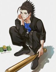 Rule 34 | 2boys, bandaid, bandaid on cheek, bandaid on face, baseball bat, black hair, black jacket, black pants, black shoes, blonde hair, blue eyes, blue shirt, bush, chibi, chibi inset, closed mouth, cloud strife, commentary request, delinquent, final fantasy, final fantasy vii, final fantasy vii ever crisis, full body, gakuran, grey background, holding, holding baseball bat, jacket, jewelry, kaz0u0, looking at viewer, male focus, multiple boys, necklace, official alternate costume, pants, school uniform, shirt, shoes, simple background, smile, solo focus, spiked hair, squatting, sunglasses, zack fair, zack fair (midgard seventh high school)