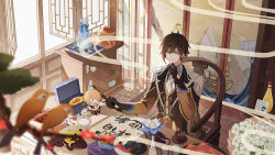 &gt;_&lt; 1boy aether_(genshin_impact) ahoge beret bird black_gloves blonde_hair blurry blurry_foreground blush book bouquet box bracelet branch brown_hair calligraphy calligraphy_brush chair closed_mouth collared_shirt commentary commentary_request cup drooling earrings english_commentary eyeliner flower formal_clothes genshin_impact glaze_lily gloves gradient_hair hair_between_eyes hat highres indoors jacket jewelry light_particles long_hair long_sleeves makeup male_focus mixed-language_commentary multicolored_hair necktie orange_hair paimon_(genshin_impact) paintbrush ponytail pot qingxin_flower red_flower rex_lapis_(genshin_impact) scarf shirt single_earring sitting sleepy1292673668 smile smoke solo stuffed_toy suit tassel tassel_earrings teacup teapot thumb_ring vase venti_(genshin_impact) white_flower white_hair white_necktie window yellow_eyes zhongli_(genshin_impact)