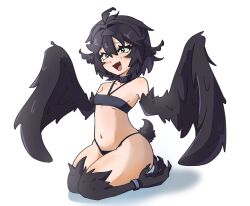 Rule 34 | alternate hair color, alternate species, bird tail, black hair, black panties, black wings, blue eyes, blush, breasts, claws, collarbone, crop top, dokibird, fang, feathered wings, full body, harpy, head wings, indie virtual youtuber, itsjustfrel, kneeling, looking at viewer, monster girl, navel, open mouth, panties, short hair, simple background, sitting, small breasts, smile, tail, underwear, wariza, white background, winged arms, wings