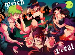 alternate_hair_color amachu_a animal_ears arm_behind_back armband bandeau barefoot biting black_bandeau black_hair blood blood_on_clothes bracelet brain breasts brown_hair chainsaw_man claw_pose cleavage commentary cowboy_hat denji_(chainsaw_man) dress exposed_brain fangs full_moon glowing glowing_eye green_hair hair_over_one_eye hat hat_tip highres jewelry long_dress medium_breasts mifune_fumiko moon navel nayuta_(chainsaw_man) neck_biting open_mouth orange_skirt pelvic_curtain purple_scarf scarf simple_bat skirt smile stitches tombstone tongue tongue_out tree trick_or_treat vampire werewolf_costume white_dress witch_hat wolf_ears yellow_eyes yoru_(chainsaw_man) yoshida_hirofumi