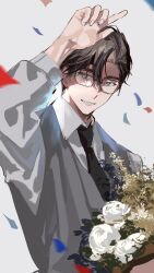 1boy ameinu black_necktie bouquet brown_hair buried_stars collared_shirt confetti flower glasses hand_up highres holding holding_bouquet lee_gyu-hyuk long_sleeves looking_at_viewer male_focus necktie rose shirt short_hair smile solo upper_body white_flower