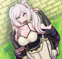 Rule 34 | 1girl, adjusting hair, alternate hairstyle, bare shoulders, black boots, boots, breasts, brown eyes, cleavage, collarbone, commentary, english commentary, fingernails, fire emblem, fire emblem awakening, from above, grass, hair tie, hair tie in mouth, highres, large breasts, long hair, looking at viewer, looking up, missandydandy, mouth hold, nintendo, pants, pink nails, robin (female) (fire emblem), robin (fire emblem), shirt, sitting, sleeveless, sleeveless shirt, solo, white hair, white pants, white shirt, wide hips