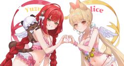 Rule 34 | 2girls, absurdres, ahoge, alice thymefield, alternate costume, animal ears, bikini, bikini skirt, blonde hair, bow, braid, frilled bikini, frills, green eyes, grin, hair bow, heart, heart hands, heart hands duo, heterochromia, highres, kamanosuke (zenless zone zero), long hair, looking at viewer, low twintails, malsuk, mini wings, multiple girls, navel, pink bikini, rabbit ears, rabbit girl, rabbit tail, red eyes, red hair, side-tie bikini bottom, smile, sphere hair ornament, stomach, swimsuit, tail, tanuki, teeth, twin braids, twintails, ukinami yuzuha, underwear, upper body, very long hair, white bow, white wings, wings, yellow eyes, zenless zone zero