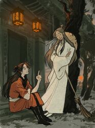2boys asymmetrical_bangs bandaged_neck bandages black_eyes black_hair boots broom brown_hair brown_sky building chinese_clothes closed_eyes cloud cloudy_sky commentary_request crossed_arms evening film_grain grass hair_bun hair_ribbon hanfu hat hat_on_back highres holding holding_broom hua_cheng lantern laughing leaning leaning_back long_hair long_sleeves looking_at_another male_focus multiple_boys on_ground outdoors parted_bangs pointing pointing_up red_hanfu red_sun ribbon rice_hat russian_commentary san_lang shrine silk single_hair_bun sitting sky smile spider_web standing tianguan_cifu tree very_long_hair white_hanfu white_ribbon wide_sleeves xie_lian yaroslava_murashko