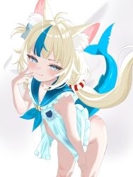 1girl bent_over blonde_hair blue_eyes bottomless dipa fins fish_tail highres indie_virtual_youtuber loli looking_at_viewer sameko_saba shark_tail smile smug solo tail thighs virtual_youtuber