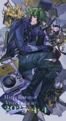 Rule 34 | &gt; &lt;, 1boy, 1girl, adversarial noise, bandaged chest, bandaged hand, bandaged neck, bandages, black boots, black pants, book, boots, box, character name, coat, crown, cup, dated, flower, flower request, gift, gift box, green hair, happy birthday, highres, holding, holding scythe, horns, key, master detective archives: rain code, mdzzmimimi, multicolored hair, pants, phonograph, pink hair, pocket watch, scythe, shinigami (rain code), short hair, spoon, streaked hair, stuffed animal, stuffed toy, teacup, teddy bear, twintails, vivia twilight, watch, yellow flower