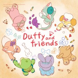 3boys 4girls animal_ears cookieann copyright_name crayon disneyland duffy_and_friends duffy_the_disney_bear fox_girl gelatoni highres linabell multiple_boys multiple_girls no_humans olu_mel rabbit_ears rabbit_girl shelliemay smile stellalou takatmaorange turtle_boy