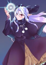 1girl black_bow black_dress blue_hair bow dress hair_bow hair_intakes half_updo highres hogehogera kagetsu_tooya len_(tsukihime) long_hair long_sleeves magic pointy_ears pom_pom_(clothes) red_eyes ribbon solo tsukihime