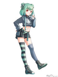 1990 1girl 2021 alternate_costume artist_name asymmetrical_legwear belt black_choker black_shoes black_shorts black_thighhighs butterfly_hair_ornament chinese_commentary choker commentary_request cropped_sweater dated double_bun drinking drinking_straw full_body green_belt green_hair green_shoes green_thighhighs grey_thighhighs hair_bun hair_ornament hand_on_own_hip hand_up heart highres hololive long_sleeves looking_at_viewer midori_fufu midriff milk_carton navel red_eyes shoes short_hair shorts simple_background skull_hair_ornament sneakers solo tachi-e thighhighs uruha_rushia virtual_youtuber white_background wispy_bangs